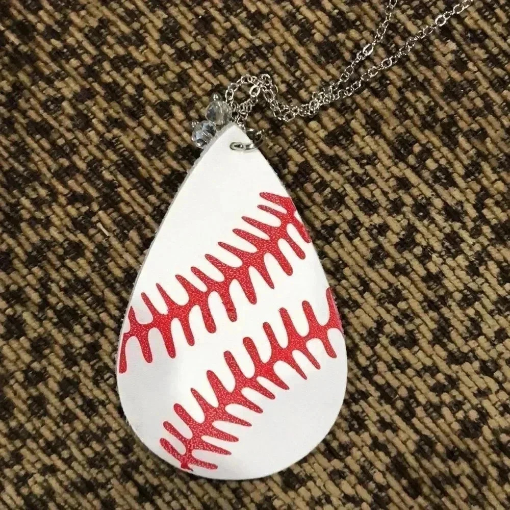 Game day baseball necklace red and white with small beads Silver in color chain